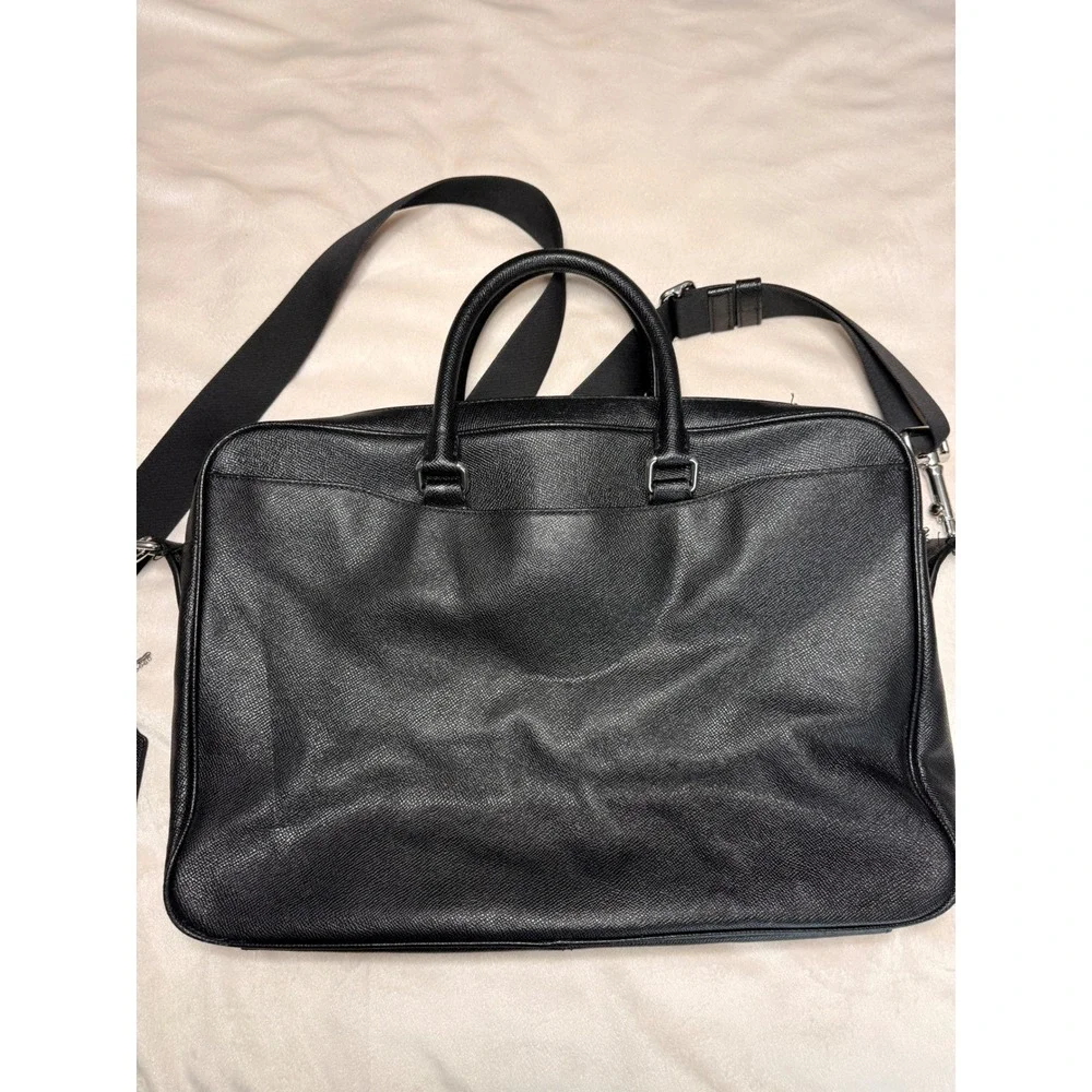 Coach Beckett Black Crossgrain Leather Slim Briefcase Laptop Bag Silver Hardware